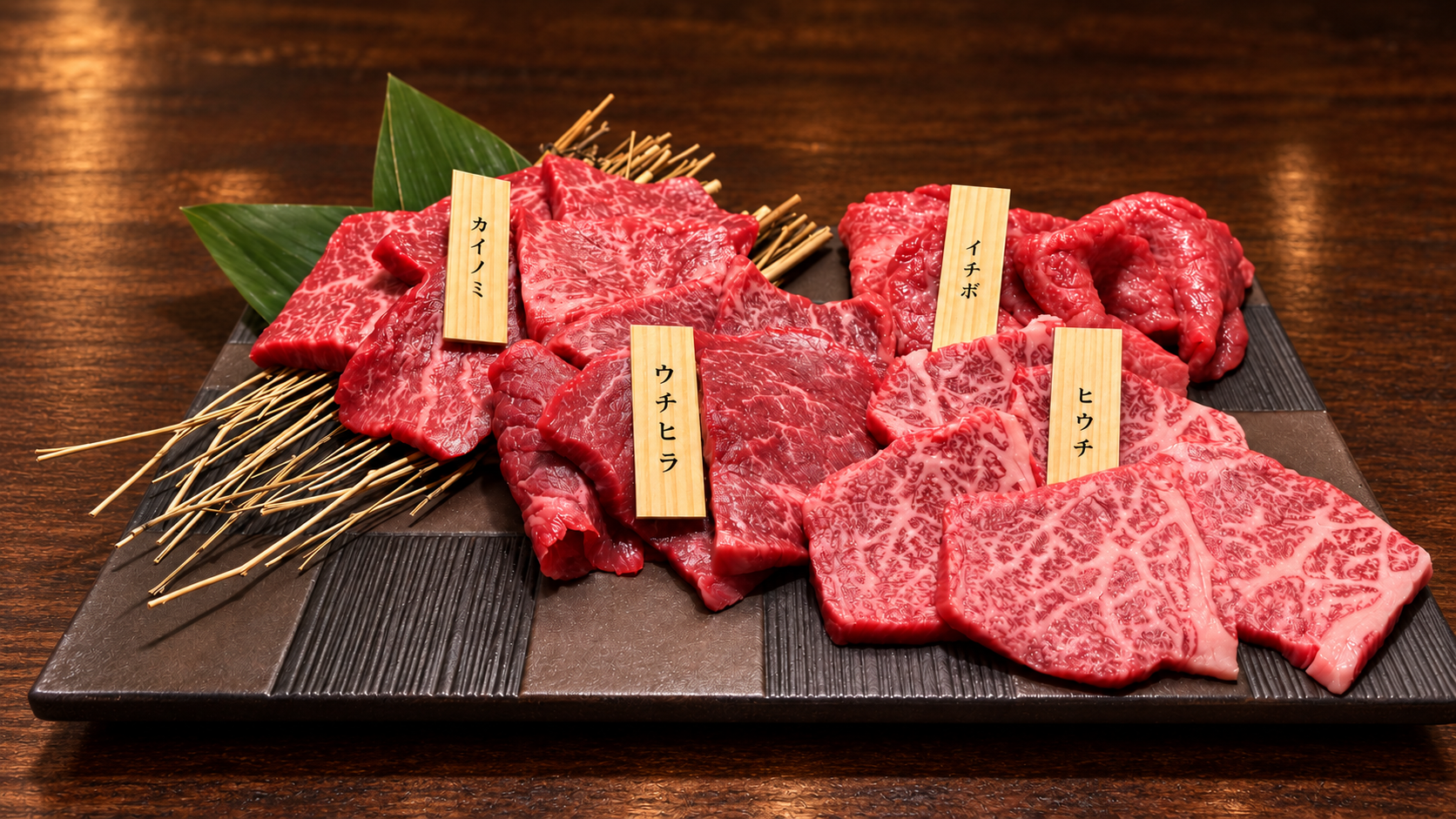 カイノミ、イチボ、ウチヒラ、ヒウチを盛り付けたお肉